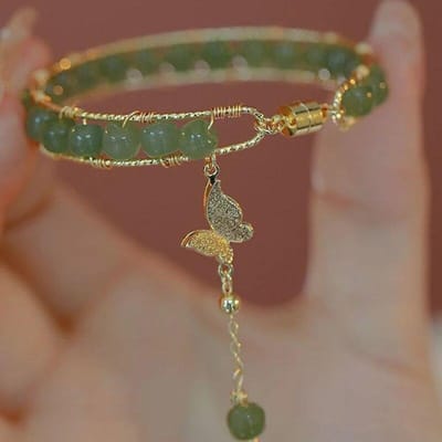 Mode Nieuwe Groene Glazen Kralen Parel Armband Magnetische Vlinder Imitatie Natuurlijke Hotan Jade Armband Vrouwen Meisjes Sieraden