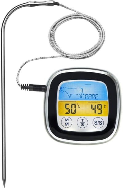 GELLDG Braden thermometer - Vleesthermometer - 5 Garstufen, LED Touchdisplay, Timer, Magnetische Houder - Geschikt voor BBQ, Oven en Grill - Kunststof en RVS - 7x7x2 cm, 60 cm Kabel