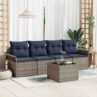 vidaXL - Tuinbank - Set - 5 - st - Grijs - en - Marineblauw - poly - rattan