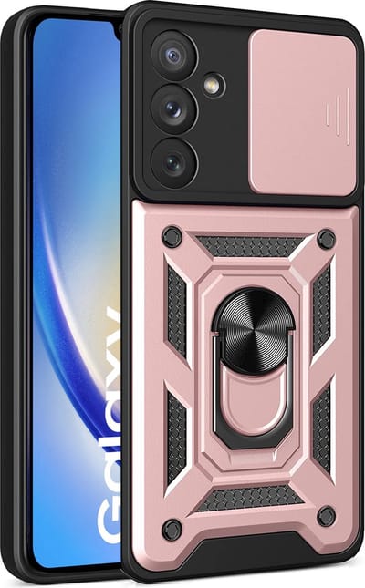 Samsung Galaxy A34 hoesje met Ringhouder en Camera schuifje - shockproof case - Rosegoud