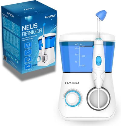 HAIDU Neusdouche Pro – Elektrische Neusspoeler bij Verkoudheid en Verstopte Neus – 10 Standen – 600ml – 4 Opzetstukken