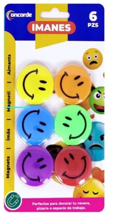 Concorde Magneten rond - smile design - multi kleuren - 6x stuks - D4 cm - hobby/koelkast magneetjes