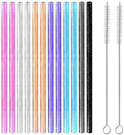 Solidchoice- Rietjes 12 stuks - Herbruikbare Rietjes - Rietjesborstel 2 stuks - Glitter Rietjes - Dikke Rietjes - Ideaal voor Smoothies - Drinkrietjes