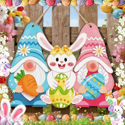 Houten Deurdecoratie voor Pasen met Lente Konijn, Kleurige Rustieke Hangdecoratie, Welkom Lente Bord voor Feestelijke Versiering