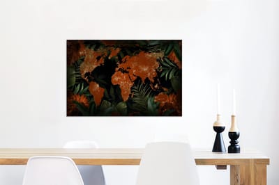 Aluminium schilderij 90x60 cm - Wanddecoratie metaal - Wereldkaart - Goud - Planten - Metalen muurdecoratie woonkamer - Decoratie industrieel - Foto op dibond - Industriële accessoires slaapkamer