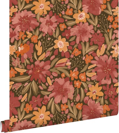 ESTAhome behang bloemen groen, rood en oranje - 50 x 900 cm - 132197