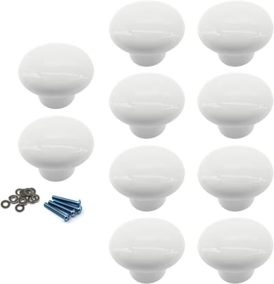 Witte ronde keramische handvatten voor kastknoppen, ideaal voor kinderkamer en garderobe, inclusief schroeven en vulstukken (10 stuks)