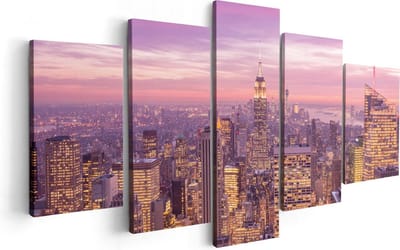 Artaza Canvas Schilderij Vijfluik New York Skyline Met Lichten Bij Zonsondergang - 100x50 - Foto Op Canvas - Canvas Print