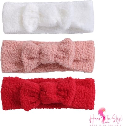 Haar in Stijl® Teddy Haarband 3 pack - Brede en zachte baby haarband met een strik - Wit, roze en rood cadeauset