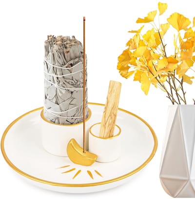 Dailygoods - Wierookstokjeshouder, maandesign, 4-in-1, Palo Santo wierookschaal, keramiek, wierookhouder, wierookschotel voor wierookwaren, Palo Santo wierookhout, salie roken, yoga, decoratie, meditatie