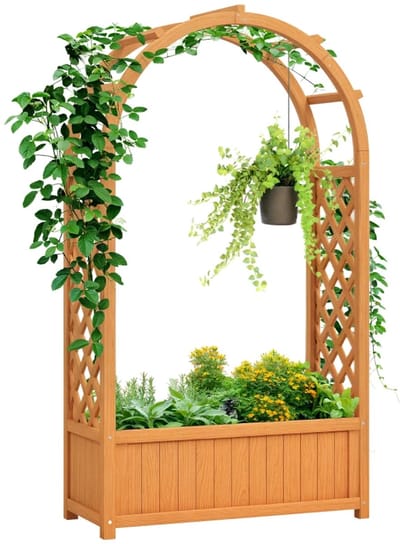Plantenbak met Klimrek - Verhoogd Bloembak met Gebogen Dak - Houten Tuinrek - Tuinbed - Plantenrek - Tuinbak - voor Bloemen, Fruit, Groenten & Kruiden - 83 x 36 x 145 cm - Lichtbruin