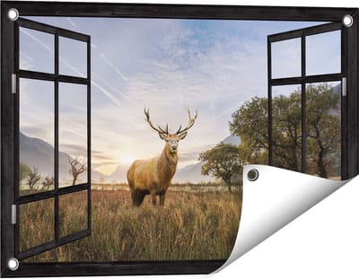 Gards Tuinposter Doorkijk Hert in het Landschap - 60x40 cm - Tuindoek - Tuindecoratie - Wanddecoratie buiten - Tuinschilderij