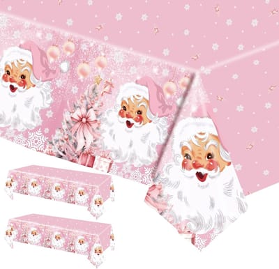 Kersttafelkleed, 2 stuks, 137 x 274 cm, groot roze rechthoekig tafelkleed voor Kerst, roze Kerstman, kerstdiner, Merry Christmas, voor feestdagen, kerstfeest benodigdheden-Roze Kerstman