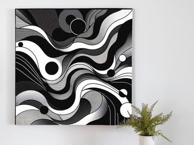 Abstract zwart wit schilderij | Monochroom meesterwerk: dynamische abstractie in zwart-wit bravoure | Kunst - 30x30 centimeter op Canvas | Foto op Canvas