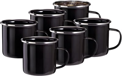 Redcliffs Drinkmokken - 6x stuks - zwart - 350 ml - emaille - kamperen/outdoor - mokken/bekers