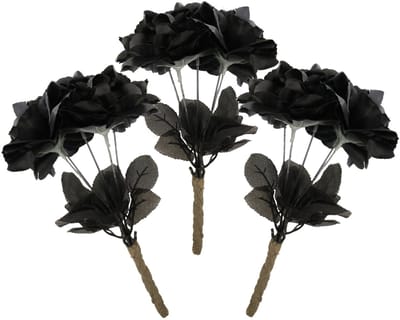 Halloween bloemen boeket - 3x - zwarte rozen - 35 cm - Horror decoratie accessoires - Horrorbruid boeket