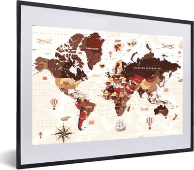 Poster in lijst - Fotolijst 60x40 cm - Posters - Wereldkaart - Bruin - Rood - Posterlijst zwart - Decoratie - Wanddecoratie woonkamer - Muurdecoratie slaapkamer