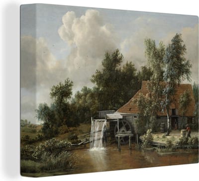 Canvas Schilderij Een watermolen - Kunstwerk van Meindert Hobbema - 120x90 cm - Wanddecoratie