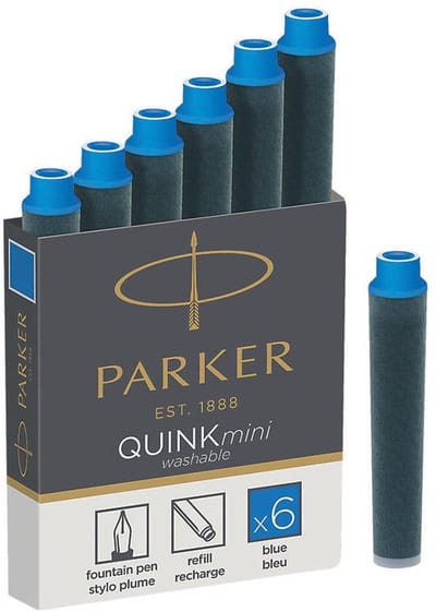 Parker Mini Fountain Pen Ink Refill Cartridges | Blue QUINK Ink | 6 Count