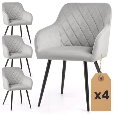 Set van 4 Eetkamerstoelen VELTO met Armleuningen / Gestoffeerde Stoelen / Fluwelen Stoelen en Metalen Poten / Grijs met zwarte benen