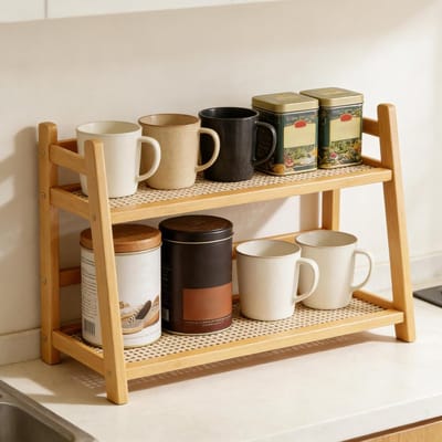 Keukenorganizer 45 x 18 x 29 cm - Bamboe en rotan decoratie voor koffiepads, kruidenrek en keukenopslag, ideaal voor eetkamer en café
