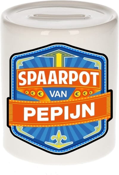 Bellatio Decorations Kinder spaarpot met naam - Pepijn - keramiek - met dop - wit - Sparen - Spaargeld van Pepijn