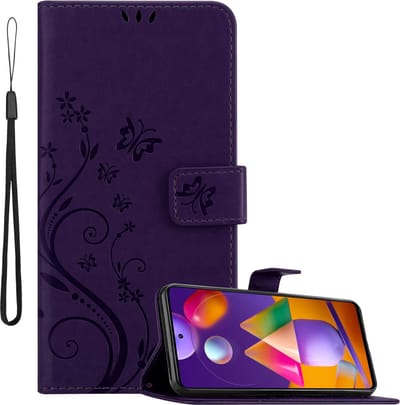 Cadorabo Hoesje geschikt voor Samsung Galaxy M31s in BLOEMEN DONKER PAARS - Beschermhoes in bloemmotief met magnetische sluiting, standfunctie en kaartsleuven Book Case Cover Etui