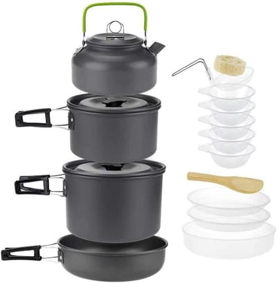 Camping Kookset - Kampeer Servies - Buiten Koken - 7 Delige Set - Voor 4-5 Personen - Grijs