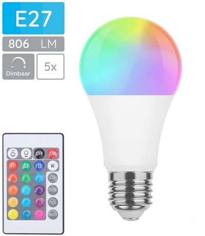Modee Smart E27 LED Lamp met Afstandsbediening - 9.4W - Slimme Lamp - RGB en Neutraal Wit - A60 Lamp - 5 Stuks