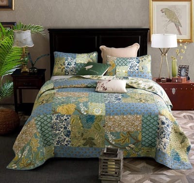 Dailygoods- Patchwork Sprei 240 x 270 cm - 3-delig - 100% Katoen - Gewatteerd - Omkeerbaar - Bloemenpaisley Patroon - Bedsprei
