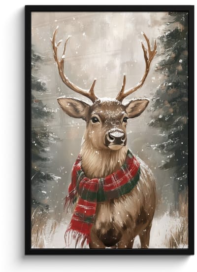 Poster in lijst - Fotolijst 60x90 cm - Posters - Winter - Bos - Rendier - Donker - Posterlijst zwart - Decoratie - Wanddecoratie woonkamer - Muurdecoratie slaapkamer