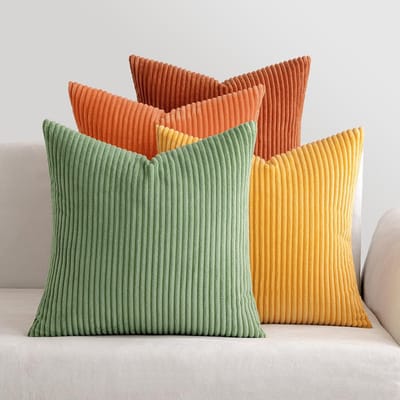 Famanu – Corduroy ribfluweel kussenhoezen set van 4 (40x40 cm) – lente decoratie – gestreept – oranje/groen serie
