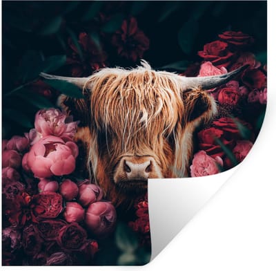 Muurstickers - Sticker Folie - Koe - Schotse hooglander - Bloemen - botanisch - 100x100 cm - Plakfolie - Muurstickers Kinderkamer - Zelfklevend Behang XXL - Zelfklevend behangpapier - Stickerfolie