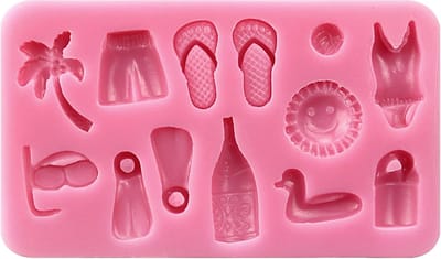 Summer Beach Holiday Silicone Mould, inclusief kokosboom, shorts, slippers, volleybal, zwempak, emmer, zon, bierfles, duikvinnen, gezicht platen, Sugarcraft Food Grade Icing kant Mould, non stick Suikerpasta, Chocolade, Fondant, Boter, Hars, Cabochon