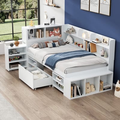 Wishdor Kinderbed 90x200 cm – Met Lade & Opbergkasten – Boekenplank – Wit Multiplex – Compleet Opbergsysteem