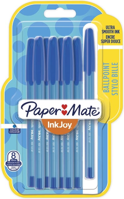Paper Mate InkJoy 100ST-balpennen | Medium punt (1,0 mm) | Blauwe inkt | 8 stuks