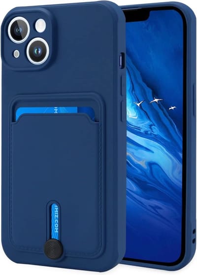 Silicone Hoesje Geschikt voor: iPhone 13 - Push-pull Case met Pasjeshouder - TPU Hoes Met Vakje Voor Pasje - Card Case Back Cover - Blauw