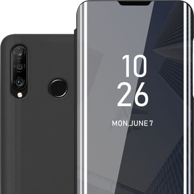 Cadorabo Hoesje geschikt voor Huawei P30 LITE in TOERMALIJN ZWART - Clear View Spiegel Beschermende Case met Tribunefunctie 360 Graden Bescherming Book Case Cover Etui