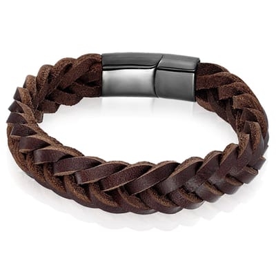 Heren armband LGT Jewels Gevlochten Leer Edelstaal Bruin Zwart-23cm