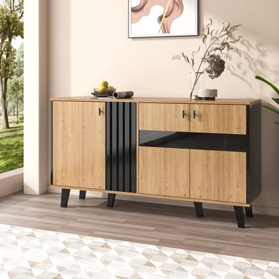 Wishdor Dressoir - Drie Deuren - Met Ledverlichting En Glaspaneel - Opbergruimte Met Legplanken - Spaanplaat En Glas - Naturel En Zwart - 140 x 78,5 x 41 cm