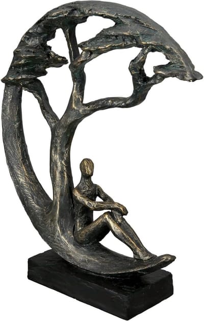 Deco figuur sculptuur van kunsthars - dromer droom - met spreuken hanger - decoratief satijn binnen -kleur: brons - hoogte 32 cm