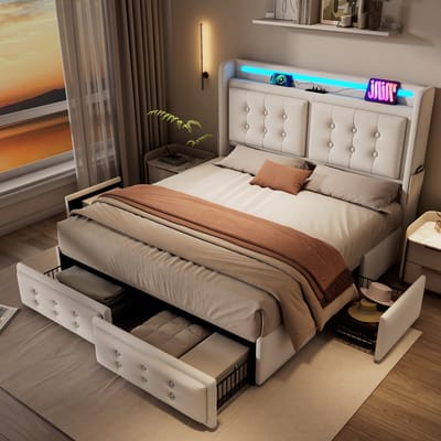 DESMIU Gestoffeerd Bed 180x200 cm – LED-Hoofdbord Met USB-C En USB – 4 Laden En Opbergvakken – Tweepersoonsbed Voor Slaapkamer – Katoenlinnen – Beige – Zonder Matras