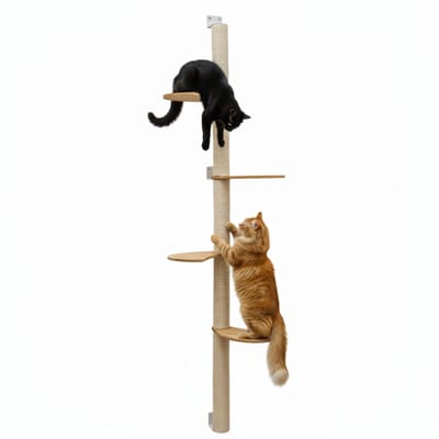 205 cm Wandkrabpaal met 4 Bamboe Planken - Katten Klimboom Sisal - Krabpaal met Muurbevestiging