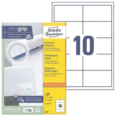 Avery® Zweckform-etiketten 3679, A4, universeel, permanente kleefstof, ultragrip, printerveilig, FSC®-papier, rechthoekig, wit, 1000 stuks op 100 vel