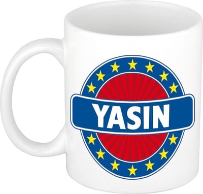 Bellatio Decorations - Yasin voornaam - koffiemok - beker - wit/blauw - 300 ml - Cadeau - Heren - Collega - Vaderdag - Verjaardag
