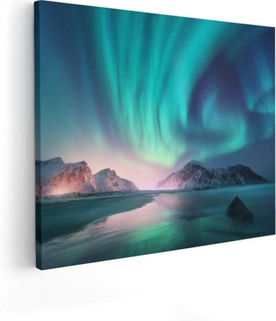 Artaza Canvas Schilderij Noorderlicht - 50x40 cm - Muurdecoratie Zeezicht - Wanddecoratie Bergen - Kamer Accessoires