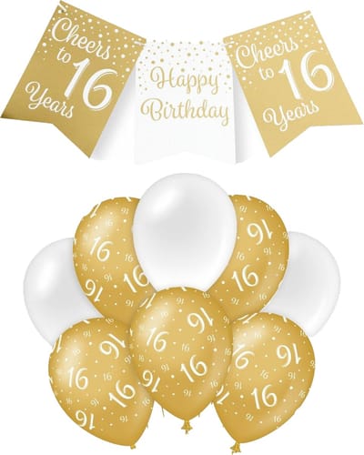 Paperdreams Luxe 16 jaar feestversiering set - Ballonnen & vlaggenlijnen - wit/goud