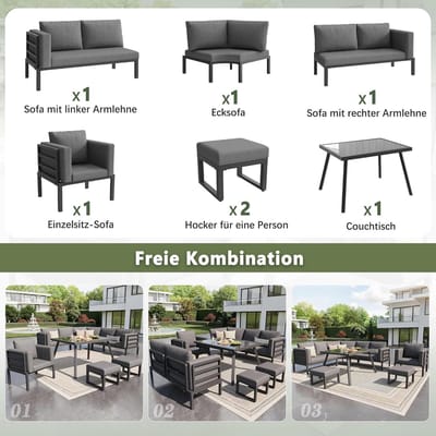 Halve Maan Loungeset Tuin 8 Personen 5-Delig met Glazen Tafel, Stoel en Krukken – Weerbestendige IJzeren Tuinset met 8 cm Dikke Kussens Grijs – Laura