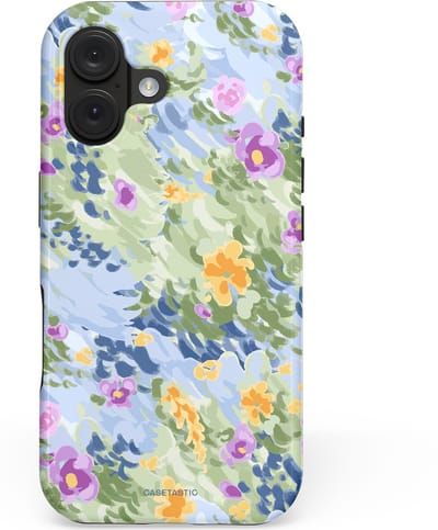 Casetastic hoesje geschikt voor Apple iPhone 16 - MagSafe - Dubbellaagse bescherming - Zonnige Bloemtuin - Fashion Case - Lichtgrijs Zand Saliegroen Lila