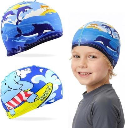 Kinderbadmutsen met olifanten- en dolfijnenmotief, waterdicht en antislip, 2 stuks, ideaal voor kinderen en meisjes, 23 x 14 cm, zwemmen en plezier in het water